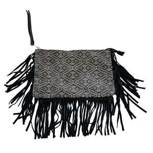 Steve Madden Southwestern Fringe Clutch Purse Wrist Strap Black Taupe